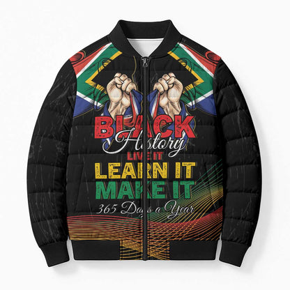 Personalized South Africa Black History Month Bomber Puffer Jacket Live It Learn It Make It - African Pride