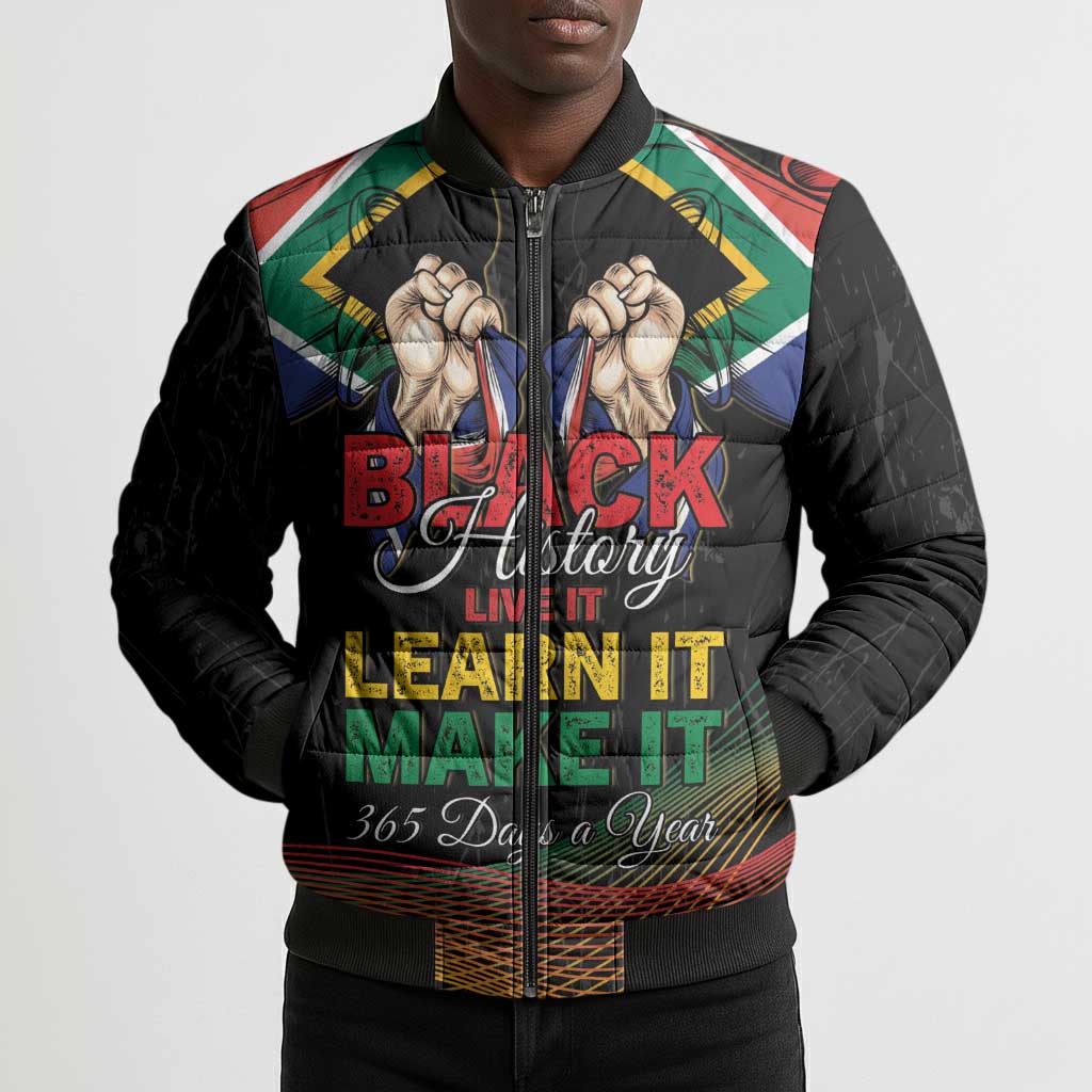 Personalized South Africa Black History Month Bomber Puffer Jacket Live It Learn It Make It - African Pride