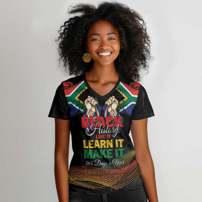 Personalized South Africa Black History Month Women V-Neck T-Shirt Live It Learn It Make It - African Pride