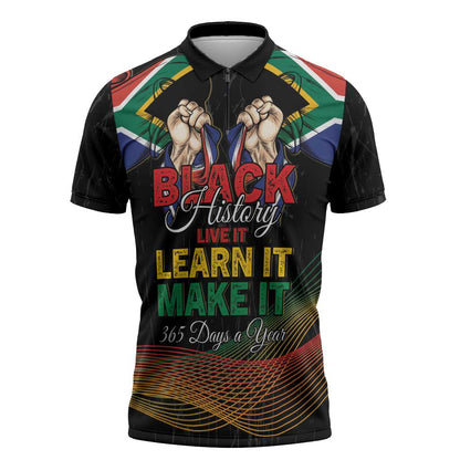 Personalized South Africa Black History Month Zipper Polo Shirt Live It Learn It Make It - African Pride