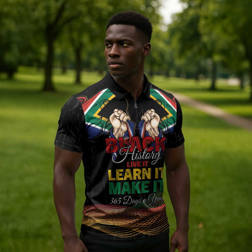 Personalized South Africa Black History Month Zipper Polo Shirt Live It Learn It Make It - African Pride