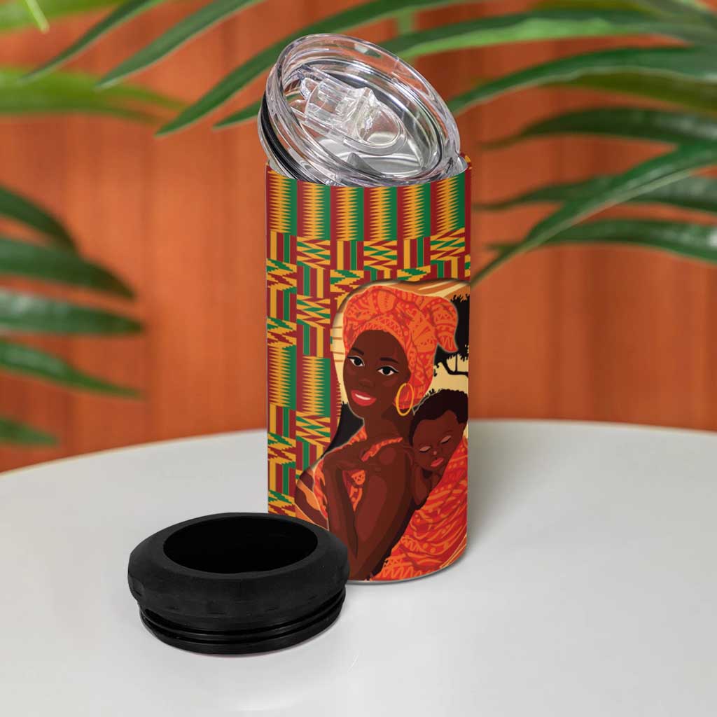 African Happy Mother's Day 4 in 1 Can Cooler Tumbler Black Mothers Kente Pattern