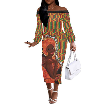 African Happy Mother's Day Off The Shoulder Long Sleeve Dress Black Mothers Kente Pattern