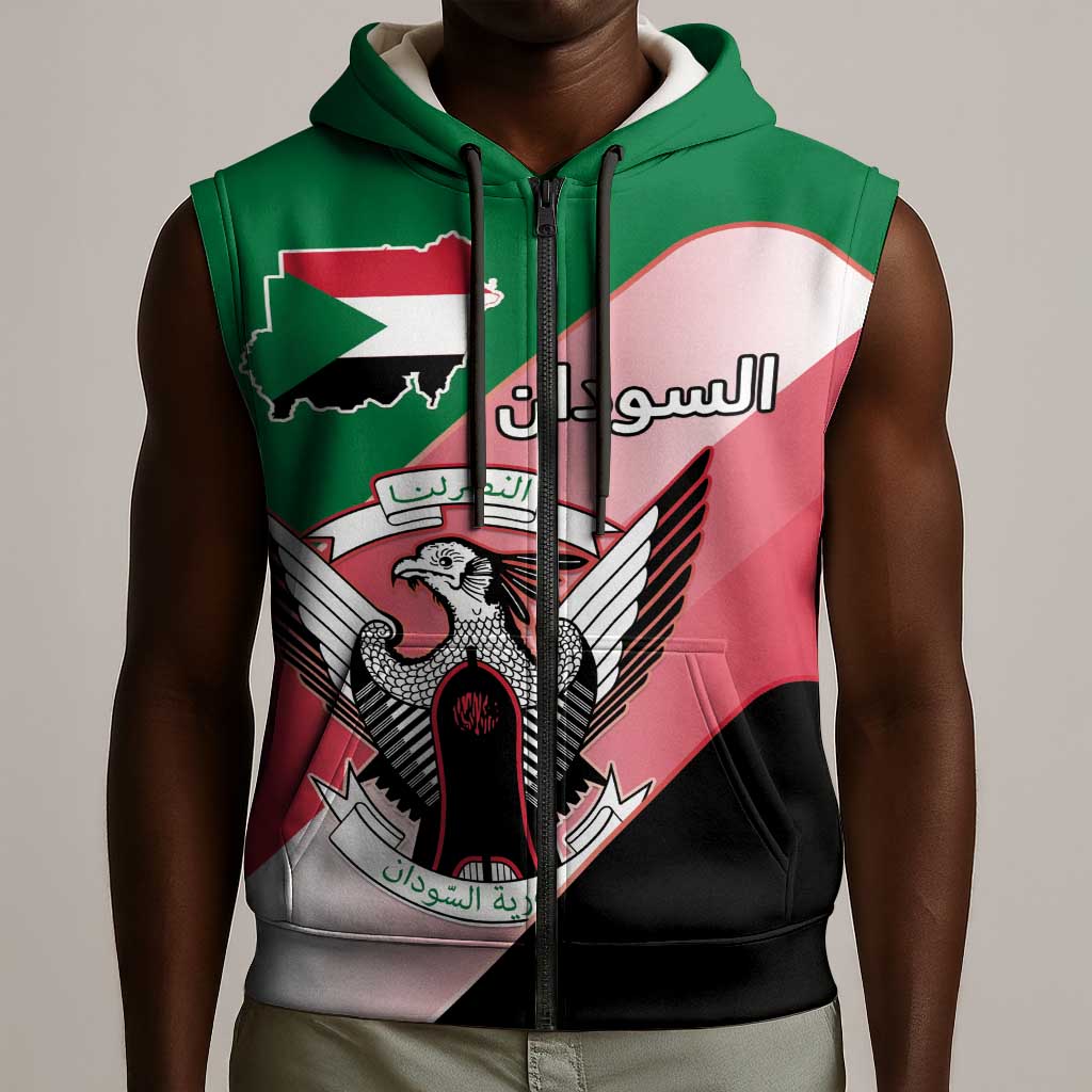 Personalized Sudan Sleeveless Zip Hoodie Coat Of Arms Flag Style - African Pride