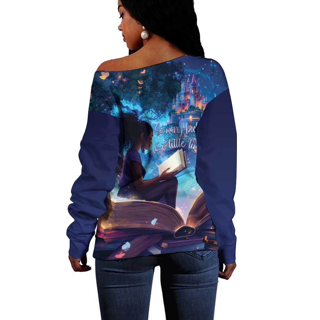 Black Girls Book Lovers Off Shoulder Sweater So Many Books - So Little Time