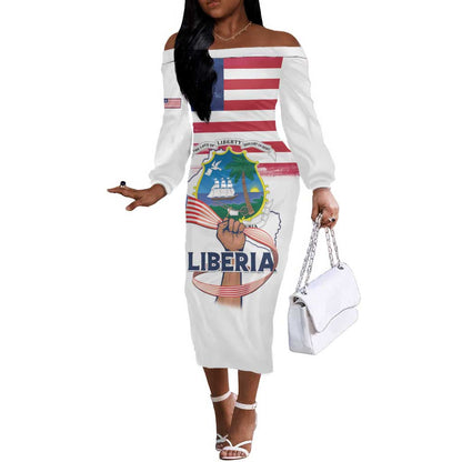 Personalised Liberia Flag Day Off The Shoulder Long Sleeve Dress Coat Of Arms With Map