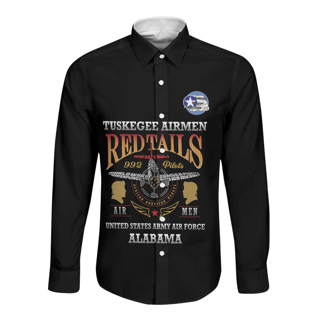 Personalized Red Tails Legacy Long Sleeve Button Shirt WWII Legacy Tribute - Black Color - African Pride