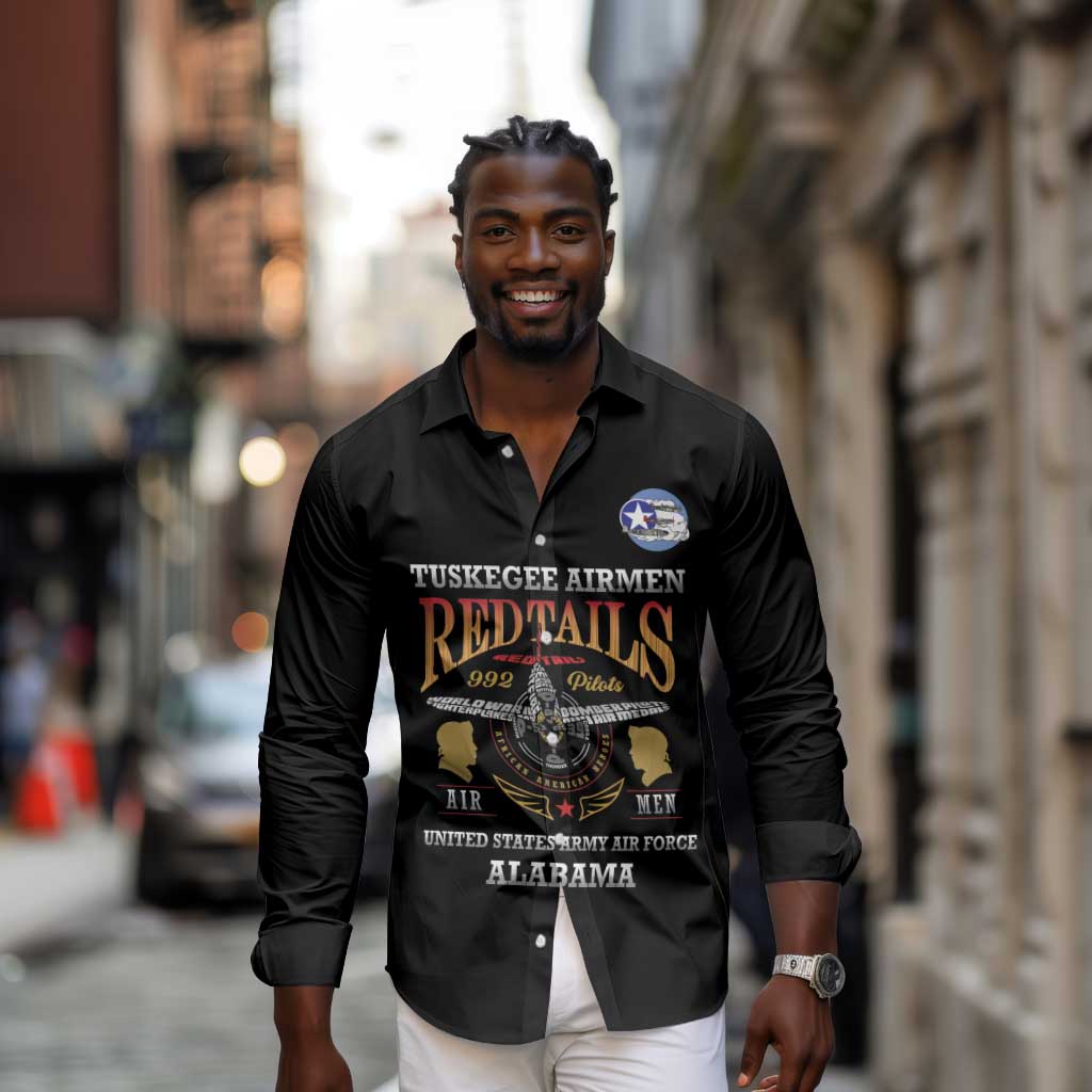 Personalized Red Tails Legacy Long Sleeve Button Shirt WWII Legacy Tribute - Black Color - African Pride
