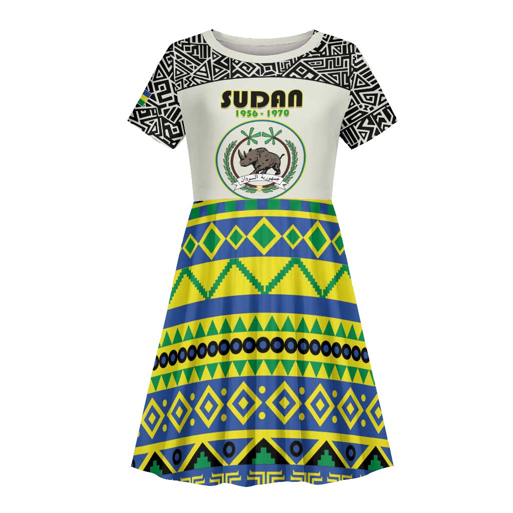 Personalized Sudan Kid Short Sleeve Dress Coat Of Arms 1956-1970 With African Pattern - African Pride