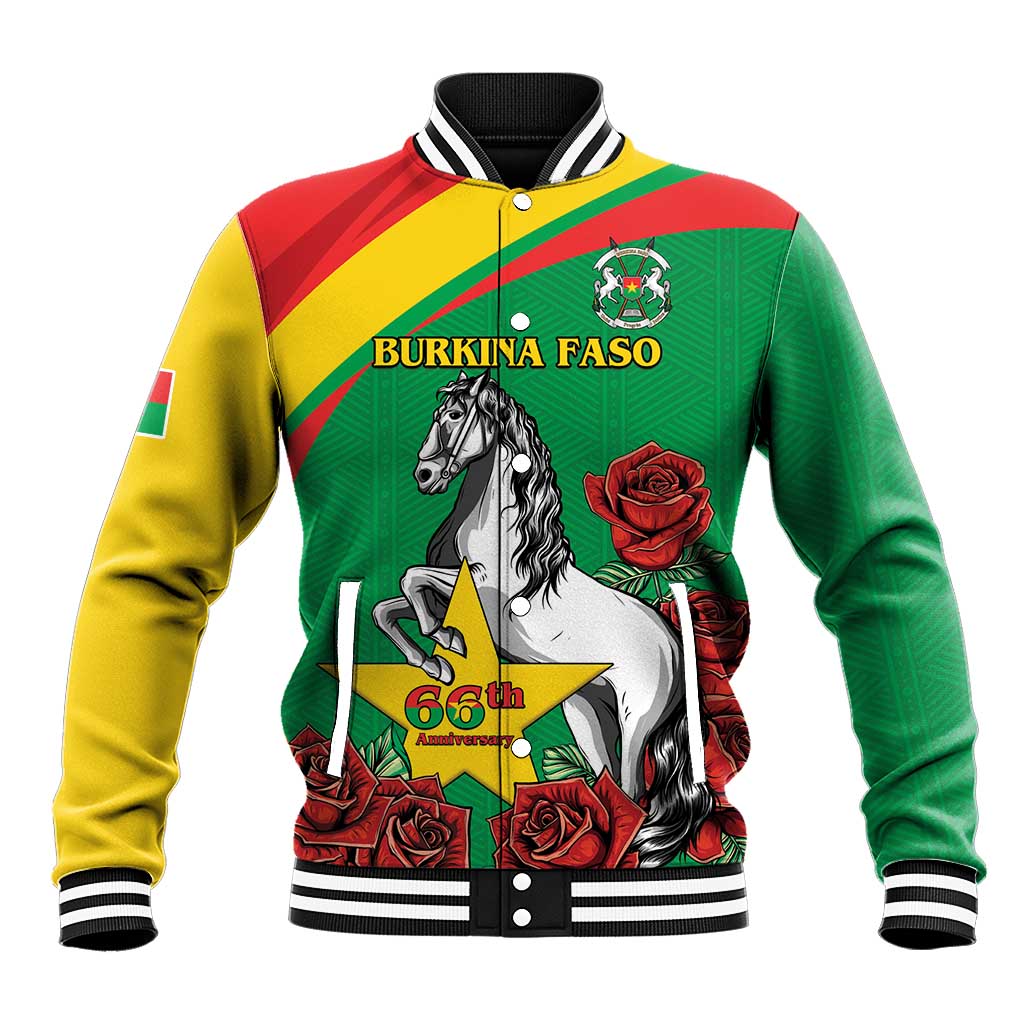 Personalized Burkina Faso Baseball Jacket White Stallion With Red Rose - Republic Day