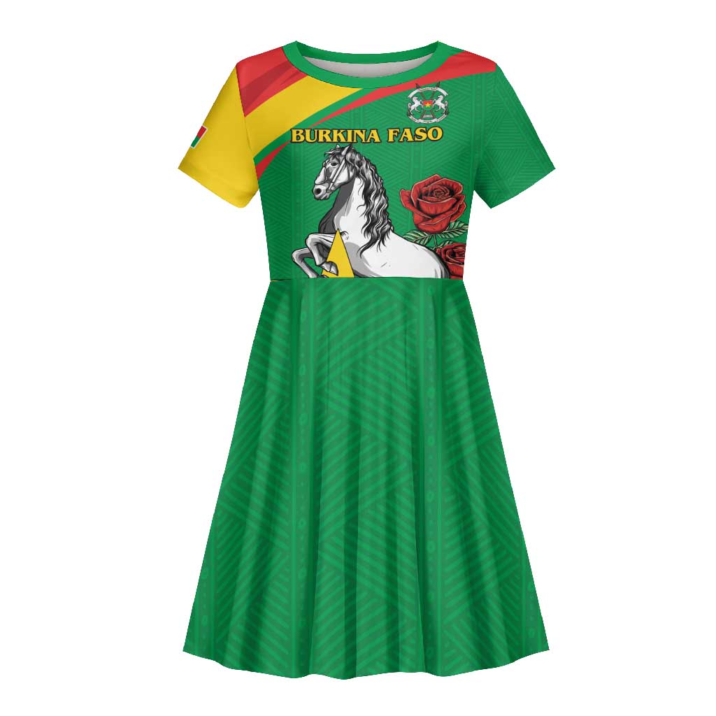 Personalized Burkina Faso Kid Short Sleeve Dress White Stallion With Red Rose - Republic Day