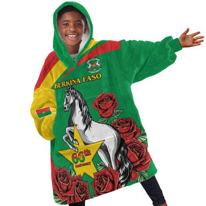 Personalized Burkina Faso Kid Wearable Blanket Hoodie White Stallion With Red Rose - Republic Day