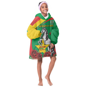 Personalized Burkina Faso Kid Wearable Blanket Hoodie White Stallion With Red Rose - Republic Day