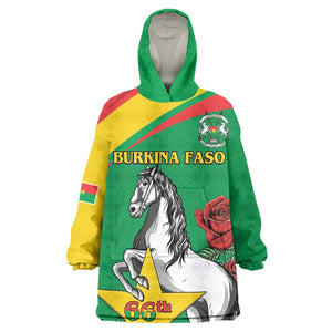 Personalized Burkina Faso Kid Wearable Blanket Hoodie White Stallion With Red Rose - Republic Day