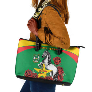 Personalized Burkina Faso Leather Tote Bag White Stallion With Red Rose - Republic Day