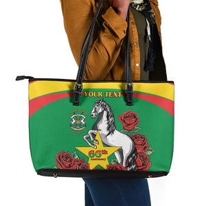 Personalized Burkina Faso Leather Tote Bag White Stallion With Red Rose - Republic Day