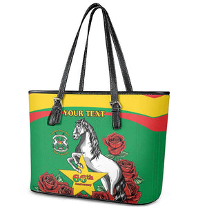 Personalized Burkina Faso Leather Tote Bag White Stallion With Red Rose - Republic Day