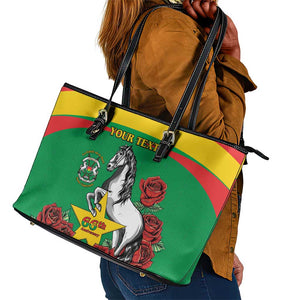 Personalized Burkina Faso Leather Tote Bag White Stallion With Red Rose - Republic Day