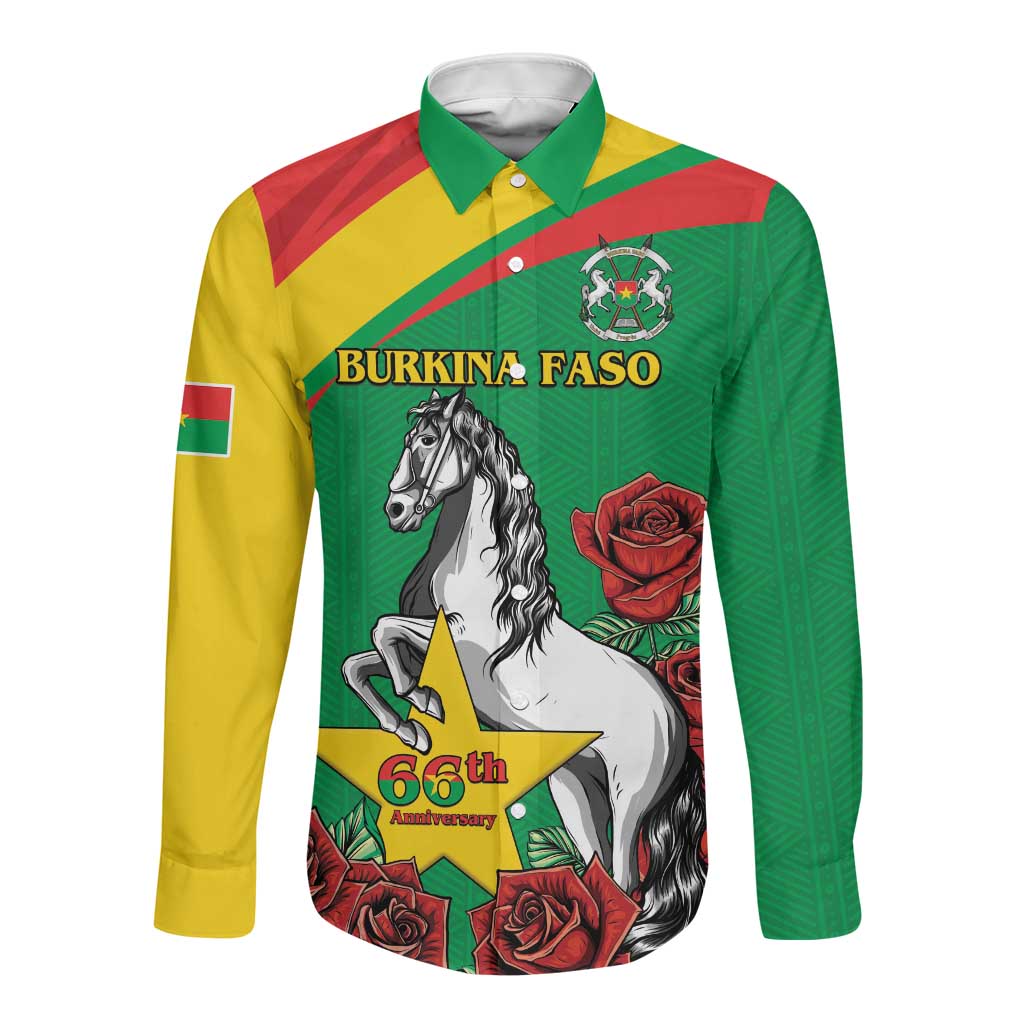 Personalized Burkina Faso Long Sleeve Button Shirt White Stallion With Red Rose - Republic Day