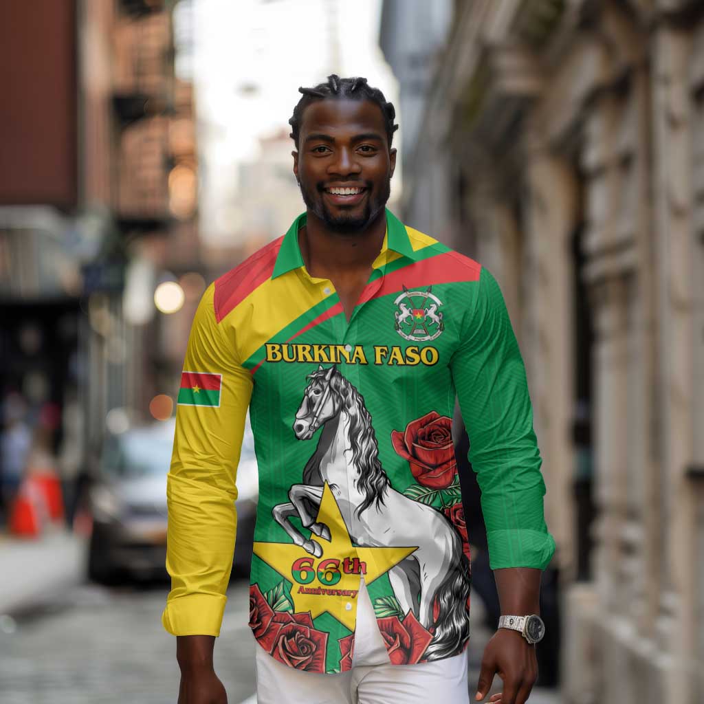 Personalized Burkina Faso Long Sleeve Button Shirt White Stallion With Red Rose - Republic Day