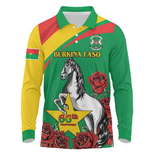 Personalized Burkina Faso Long Sleeve Polo Shirt White Stallion With Red Rose - Republic Day