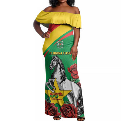 Personalized Burkina Faso Off Shoulder Maxi Dress White Stallion With Red Rose - Republic Day
