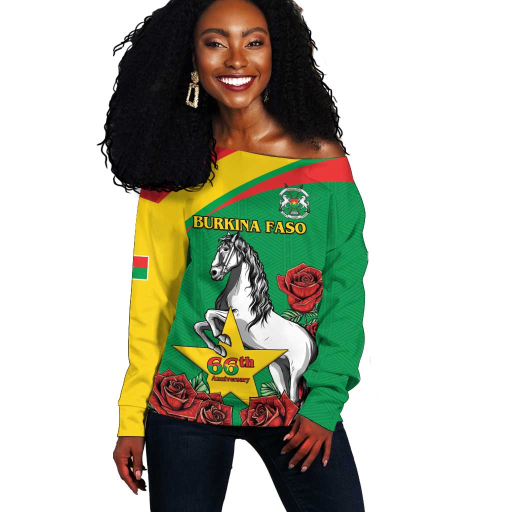 Personalized Burkina Faso Off Shoulder Sweater White Stallion With Red Rose - Republic Day