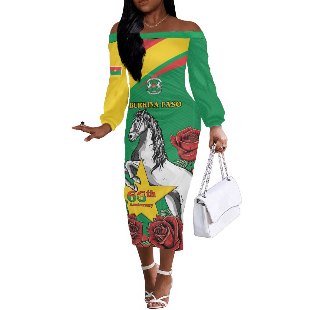 Personalized Burkina Faso Off The Shoulder Long Sleeve Dress White Stallion With Red Rose - Republic Day