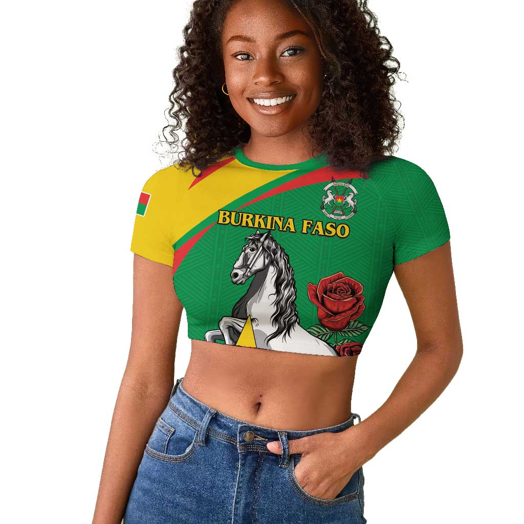 Personalized Burkina Faso Raglan Cropped T shirt White Stallion With Red Rose - Republic Day