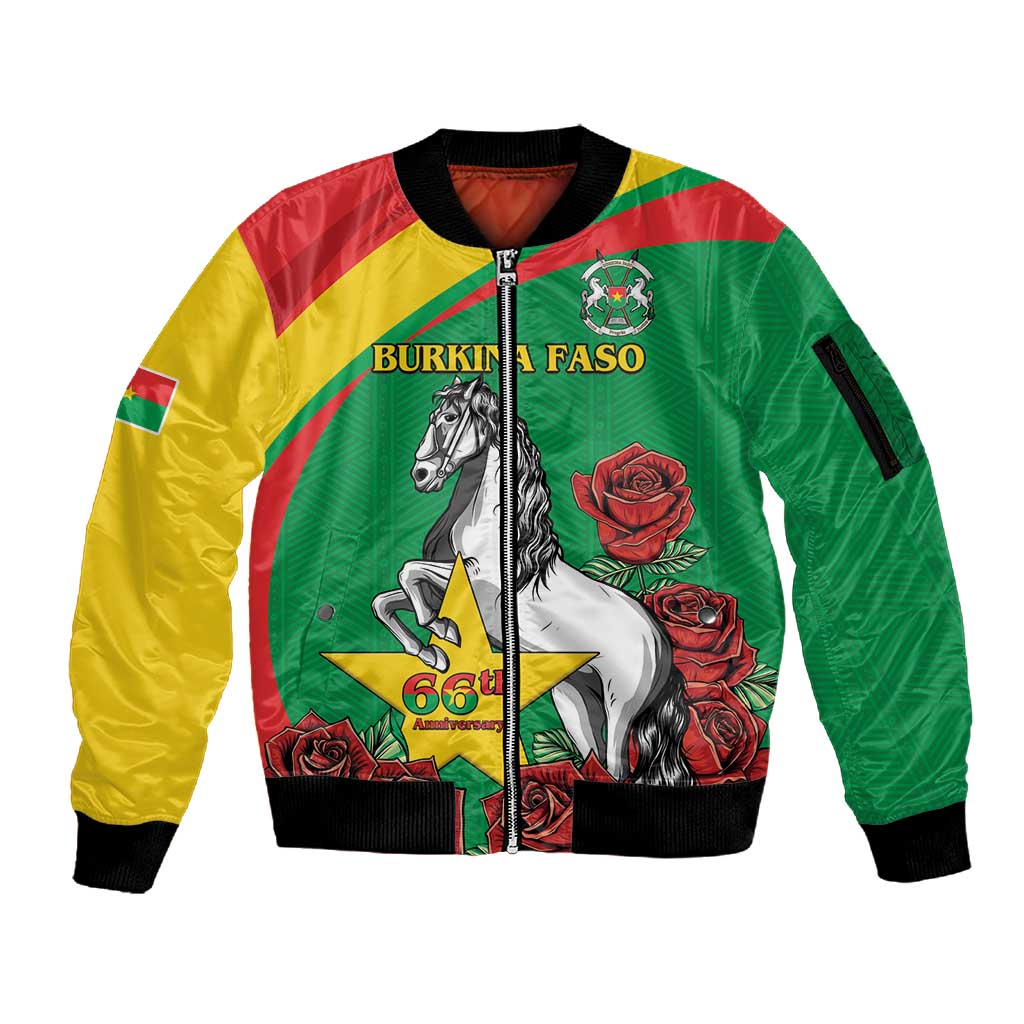 Personalized Burkina Faso Sleeve Zip Bomber Jacket White Stallion With Red Rose - Republic Day