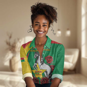 Personalized Burkina Faso Women Casual Shirt White Stallion With Red Rose - Republic Day