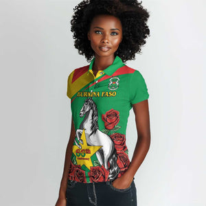 Personalized Burkina Faso Women Polo Shirt White Stallion With Red Rose - Republic Day