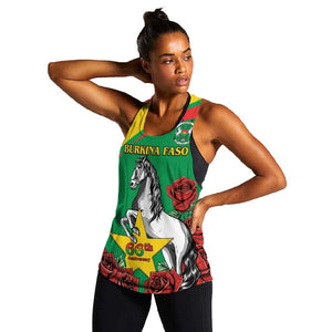 Personalized Burkina Faso Women Racerback Tank White Stallion With Red Rose - Republic Day