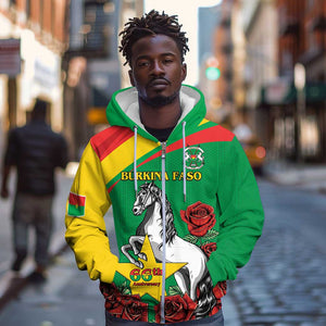 Personalized Burkina Faso Zip Hoodie White Stallion With Red Rose - Republic Day