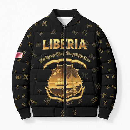 Personalized Liberia Vai Syllabary Heritage Bomber Puffer Jacket National Emblem Golden Style