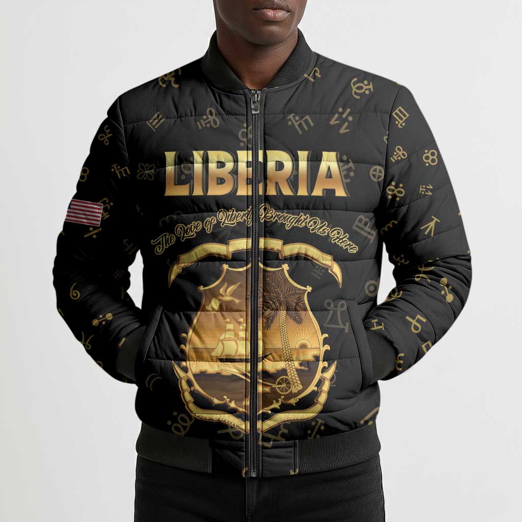Personalized Liberia Vai Syllabary Heritage Bomber Puffer Jacket National Emblem Golden Style