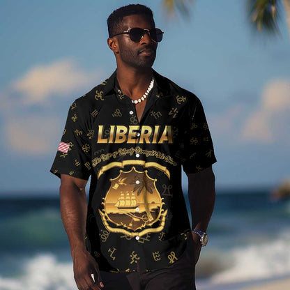 Personalized Liberia National Emblem Golden Hawaiian Shirt Vai Syllabary Heritage - African Pride