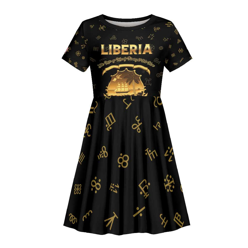 Personalized Liberia National Emblem Golden Kid Short Sleeve Dress Vai Syllabary Heritage - African Pride