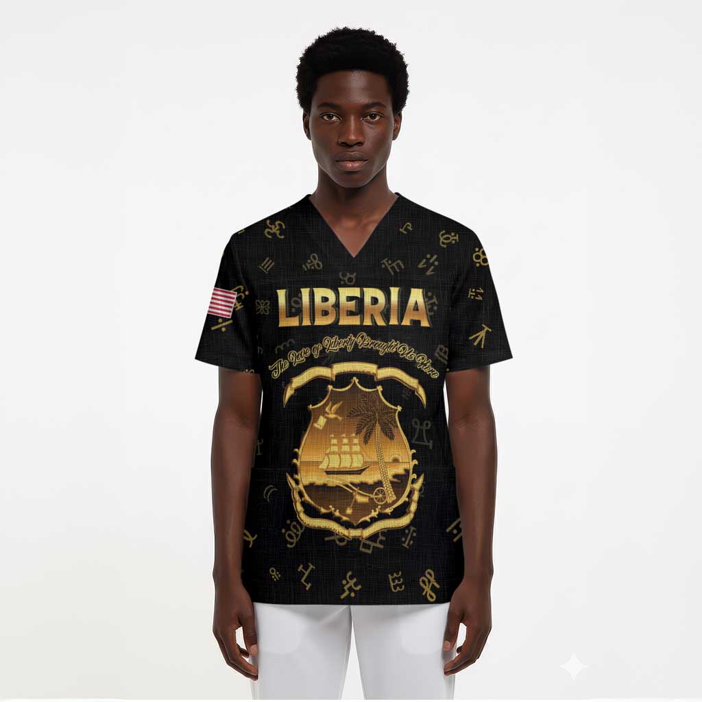 Personalized Liberia National Emblem Golden Scrub Top Vai Syllabary Heritage - African Pride