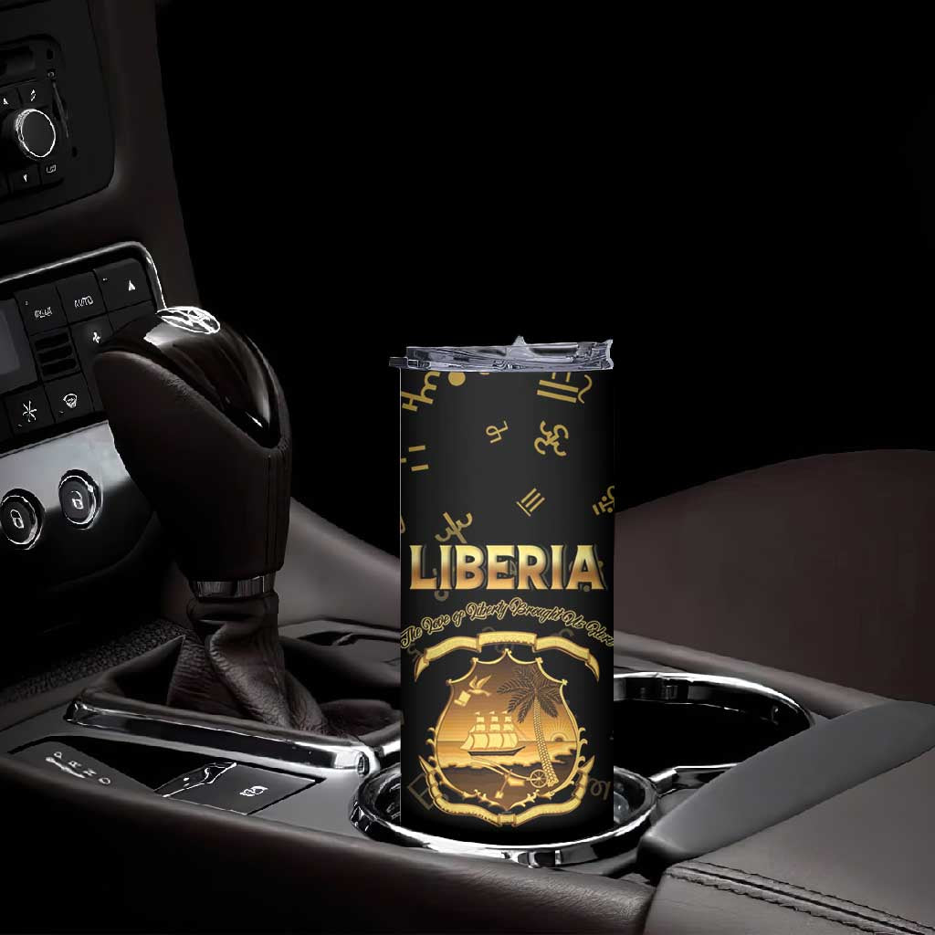 Personalized Liberia National Emblem Golden Skinny Tumbler Vai Syllabary Heritage - African Pride