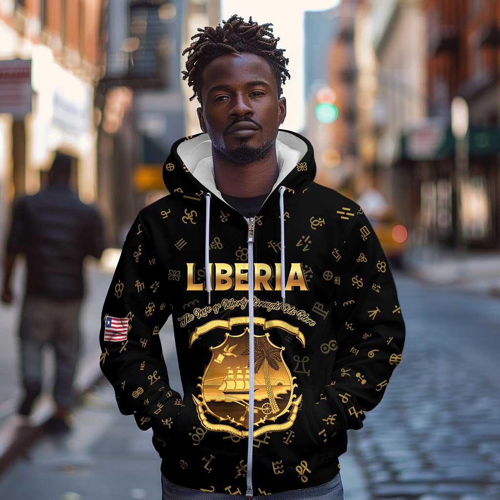 Personalized Liberia National Emblem Golden Zip Hoodie Vai Syllabary Heritage - African Pride