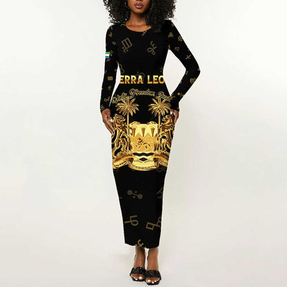 Personalized Sierra Leone National Emblem Golden Long Sleeve Bodycon Dress Vai Syllabary Heritage - African Pride