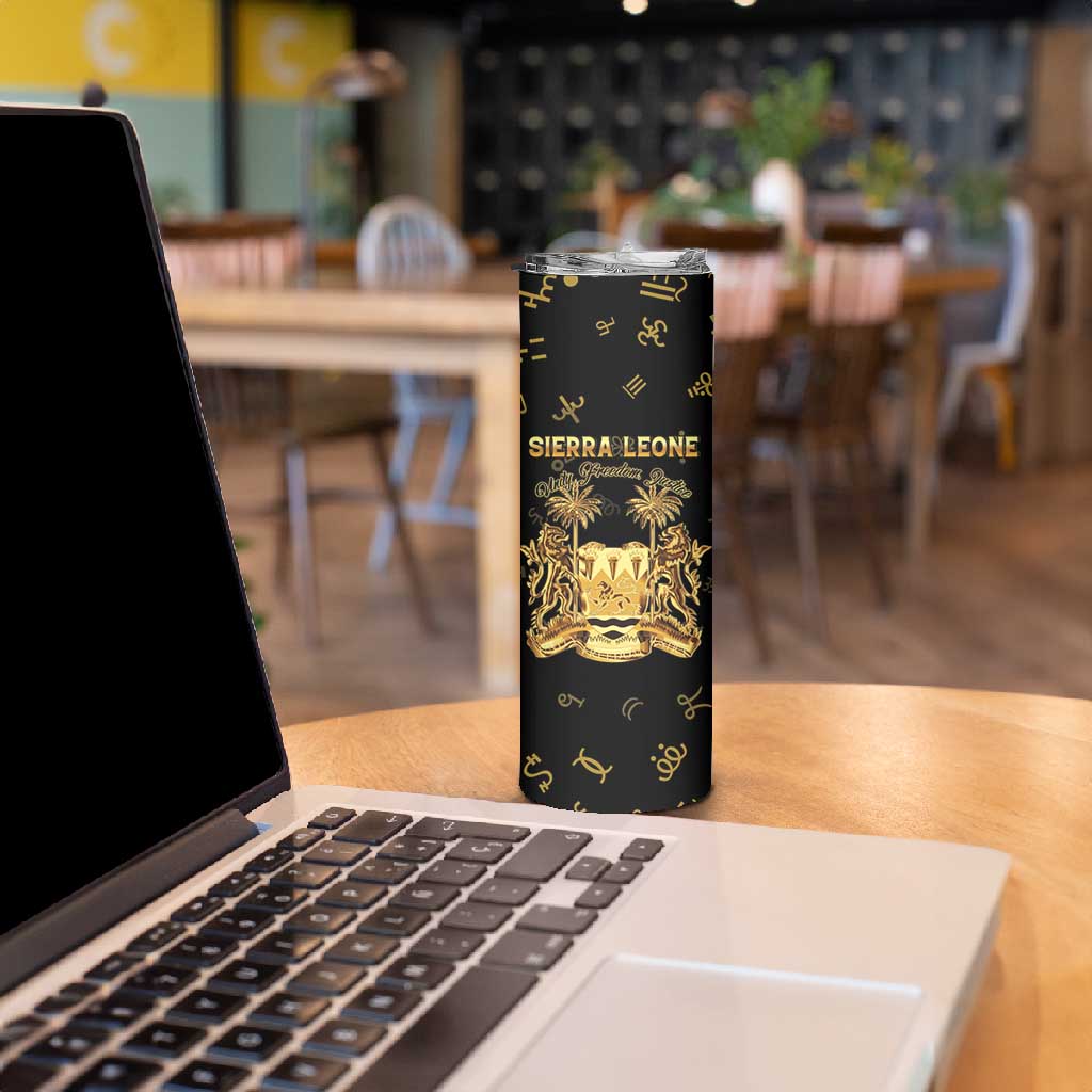 Personalized Sierra Leone National Emblem Golden Skinny Tumbler Vai Syllabary Heritage - African Pride