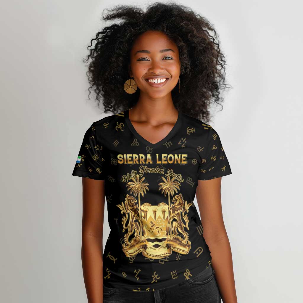 Personalized Sierra Leone National Emblem Golden Women V-Neck T-Shirt Vai Syllabary Heritage - African Pride