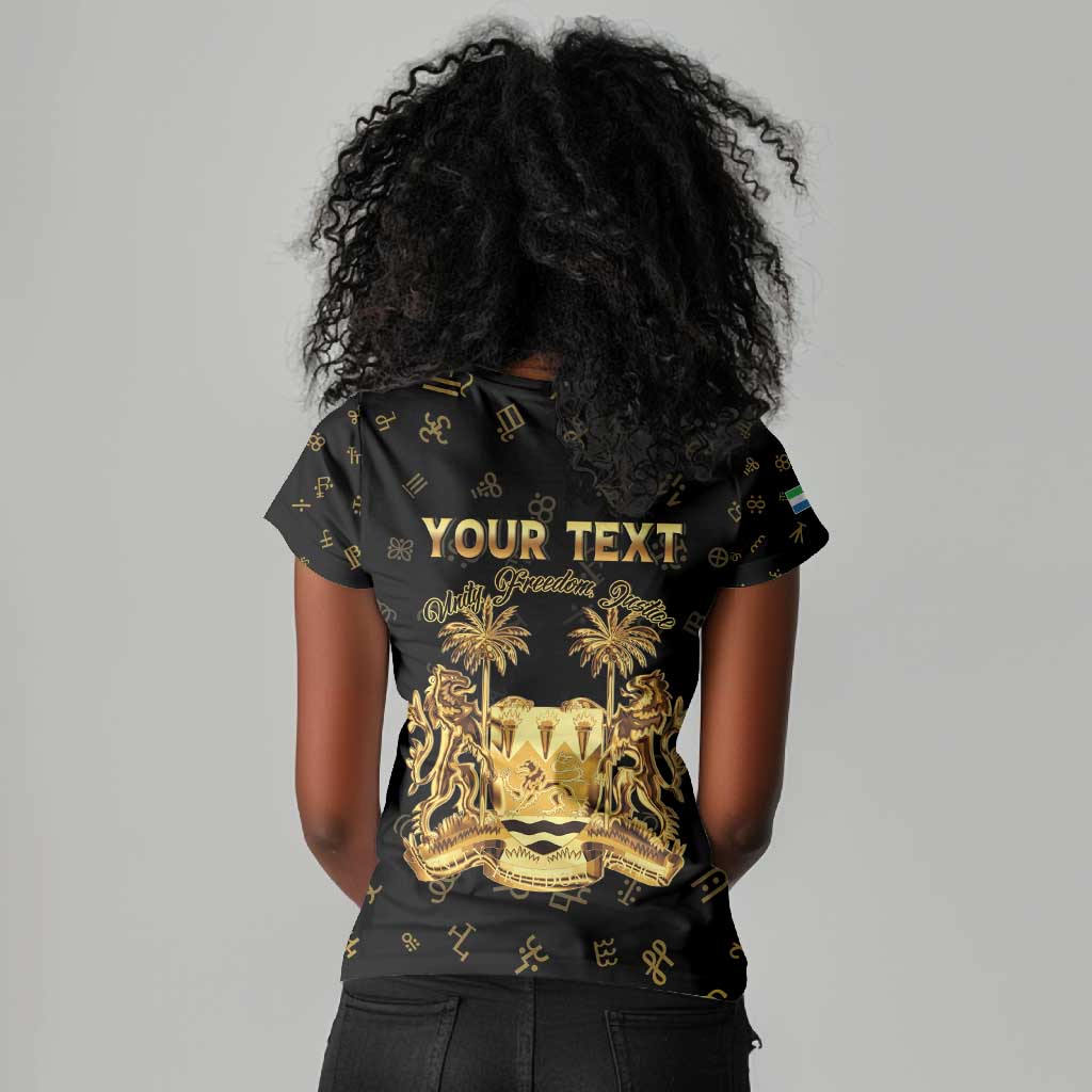 Personalized Sierra Leone National Emblem Golden Women V-Neck T-Shirt Vai Syllabary Heritage - African Pride
