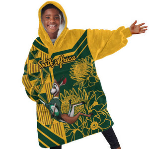 Custom South Africa Rugby KId Wearable Blanket Hoodie Springboks With Protea Cynaroides