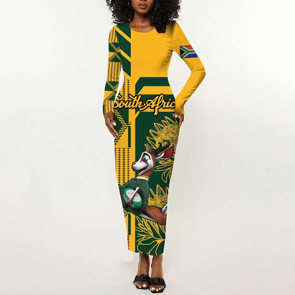 Custom South Africa Rugby Long Sleeve Bodycon Dress Springboks With Protea Cynaroides