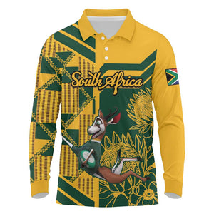 Custom South Africa Rugby Long Sleeve Polo Shirt Springboks With Protea Cynaroides