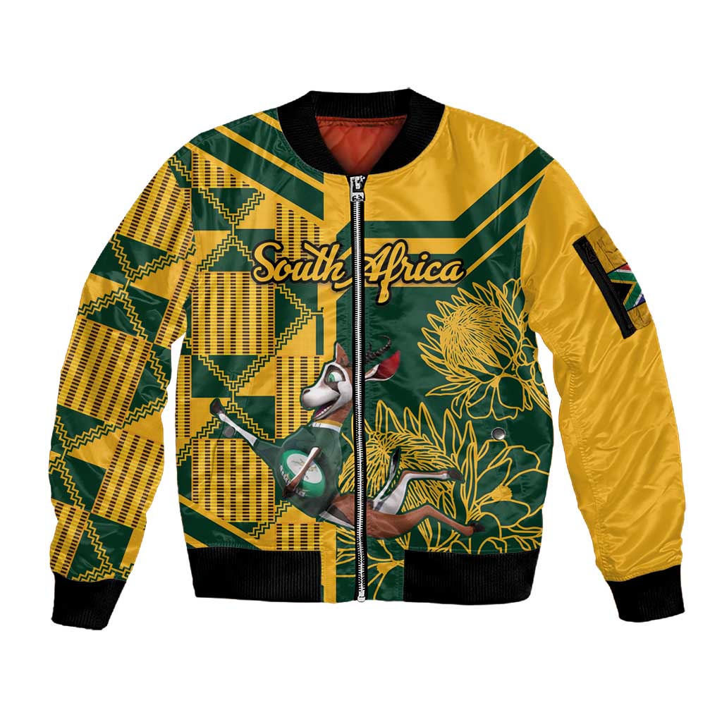 Custom South Africa Rugby Sleeve Zip Bomber Jacket Springboks With Protea Cynaroides