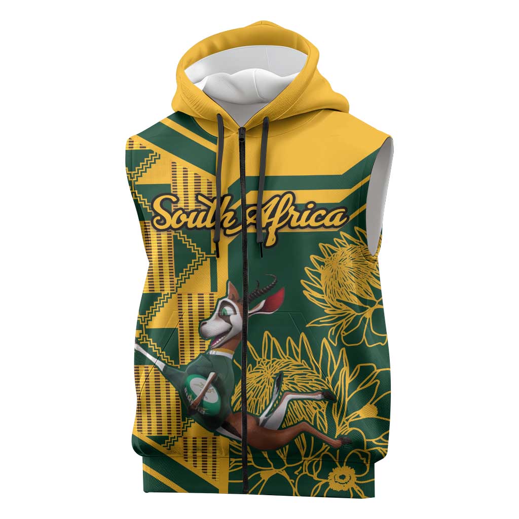 Custom South Africa Rugby Sleeveless Zip Hoodie Springboks With Protea Cynaroides - African Pride